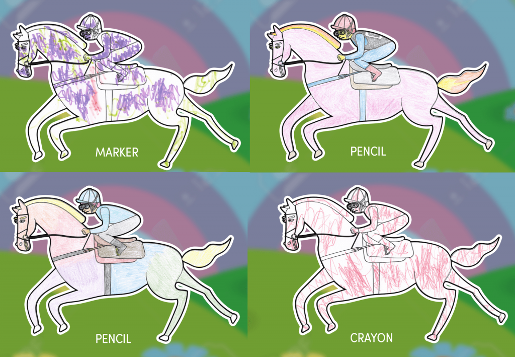 Four horse templates which show how the difference between colouring in with markers, pencils, and crayons. 
